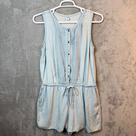 Old Navy Pants - Old Navy Womens Light Wash Chambray Sleeveless Pintuck Button Front Romper Large